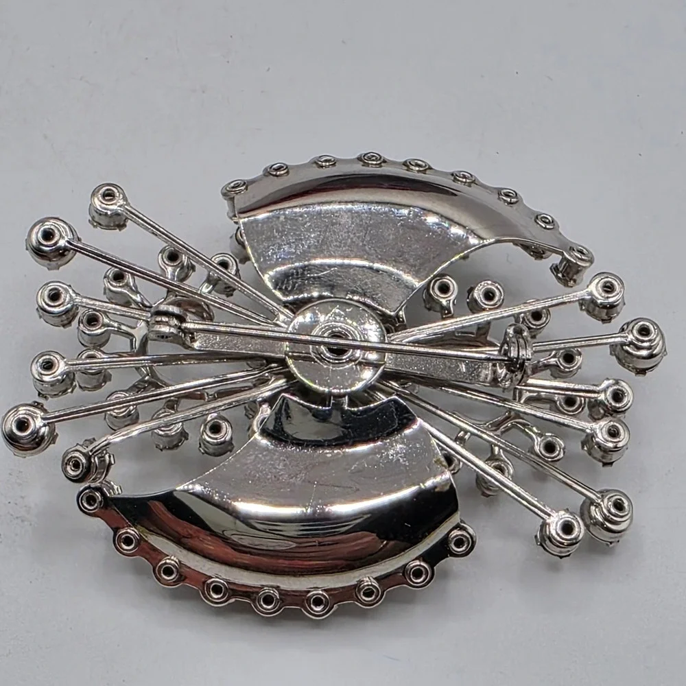 Vintage Silver Tone Clear Rhinestone Atomic Starburst Sunburst Brooch Pin